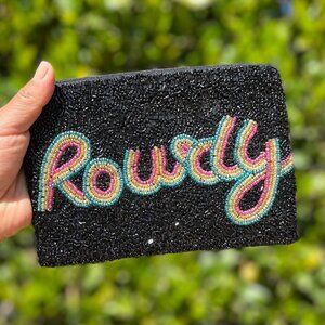 ROWDY Black Seed Beaded Pom-Pom Zipper Money Makeup Storage Pouch NEW